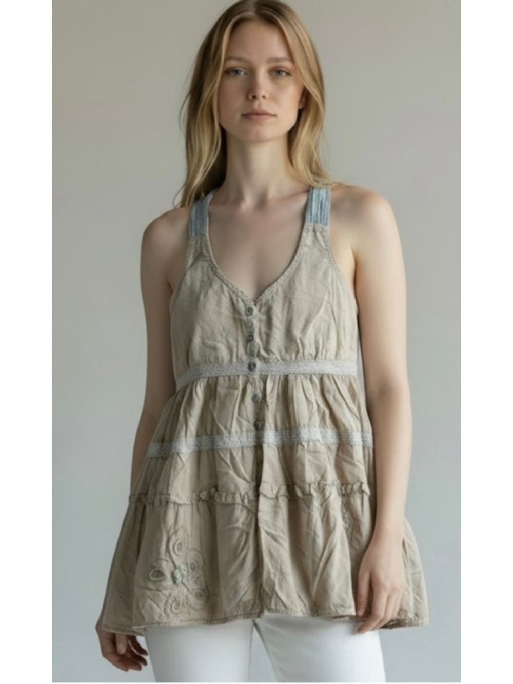 Anthropologie Bohemian Tank Ruffle Romantic Embroidery Size 4 Coquette
